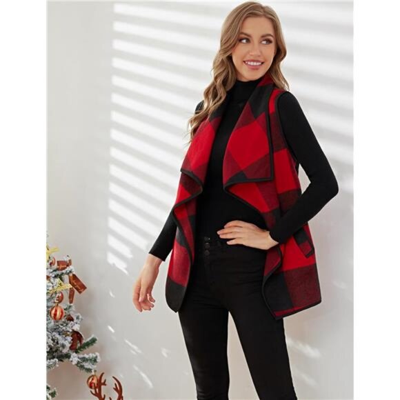 Women’s Plaid Sleeveless Vest, Open Front Cardigan with Pockets - Picture 6 of 7